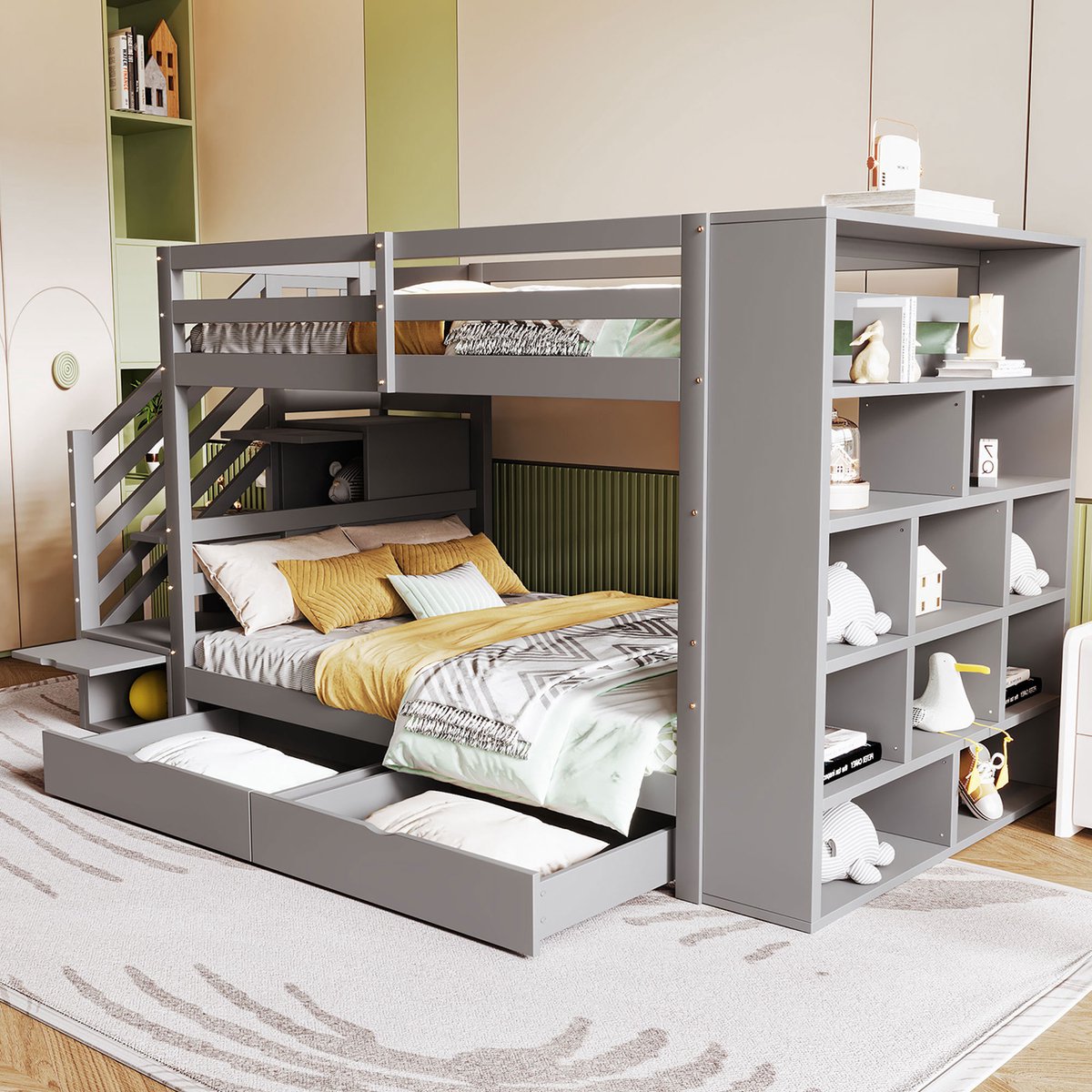 Wishdor Stapelbed 90x200 cm - Met Veiligheidstrap & Opbergvakken - Inclusief Lades en Kast - Ultieme Opberger - Hout - Grijs