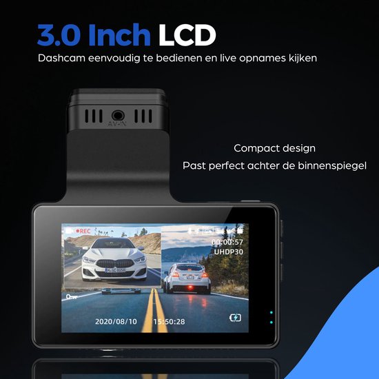 AZDome dashcam met 3.0 inch LCD scherm en compact design voor achter de spiegel.