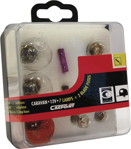 Caravanlampenset met 7 lampen, 2 zekeringen. Bevat 1x 1.5W lamp, 1x 10W lamp, 1x 3A zekering en 1x 7.5A zekering.
