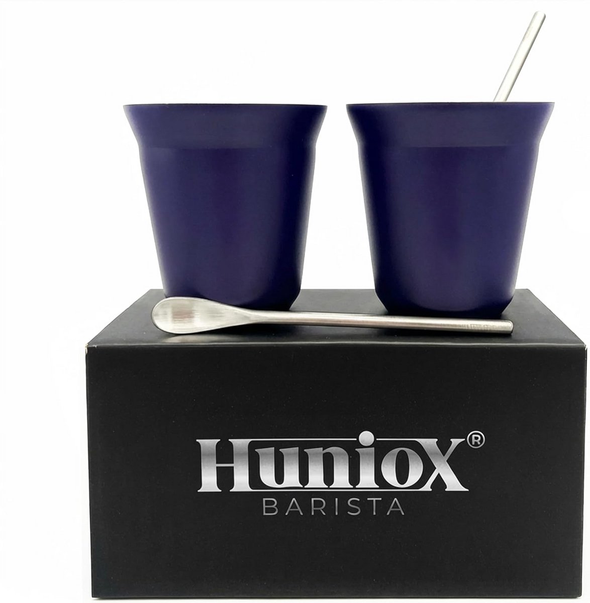 Set van 2 kleurrijke, onbreekbare koffiekopjes met designlepels, 160 ml