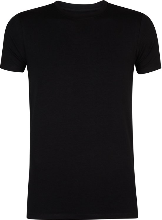 Zwarte T-shirt met ronde hals en korte mouwen.