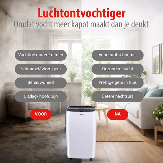 Witte Alpina luchtontvochtiger met informatie over het voorkomen van vochtproblemen.