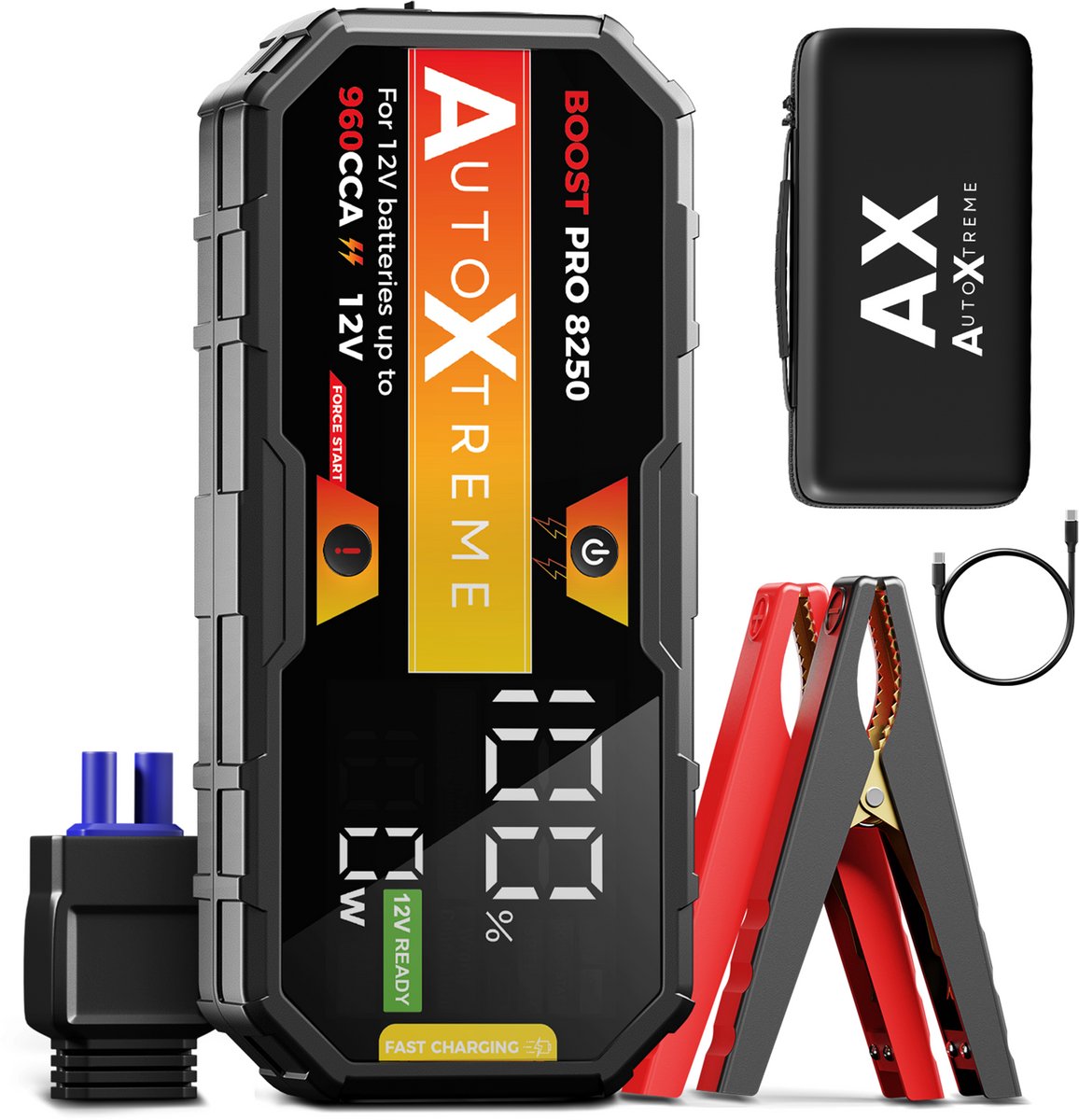 AutoXtreme Jumpstarter 12V voor Auto – 960 CCA - Boost Pro 8250 – Starthulp met Forcestart, LED-scherm & Powerbank – Incl. Zaklamp & Opbergkoffer