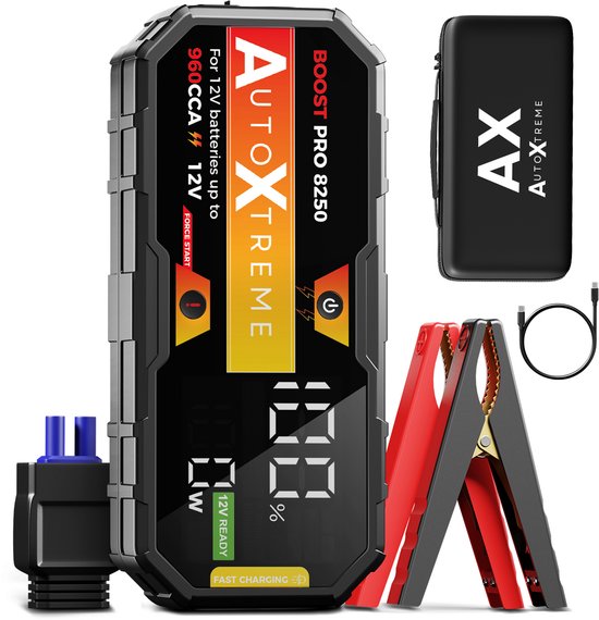 AutoXtreme Jumpstarter 12V pour Auto – 960 CCA - Boost Pro 8250 – Aide au démarrage avec Forcestart, écran LED et Powerbank – Incl. Lampe de poche et mallette de rangement