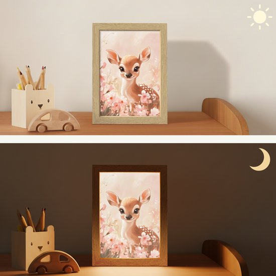 Nachtlampje 15x20 cm - Kinder lampje - Hertje - Illustratie - Bloemen - Roze - Tafellamp kinderkamer - Slaapkamer lamp - Bedlamp kinderen - Kinderlampje stopcontact - Wandlamp babykamer - Nachtlampjes van Merkloos — afbeelding 4