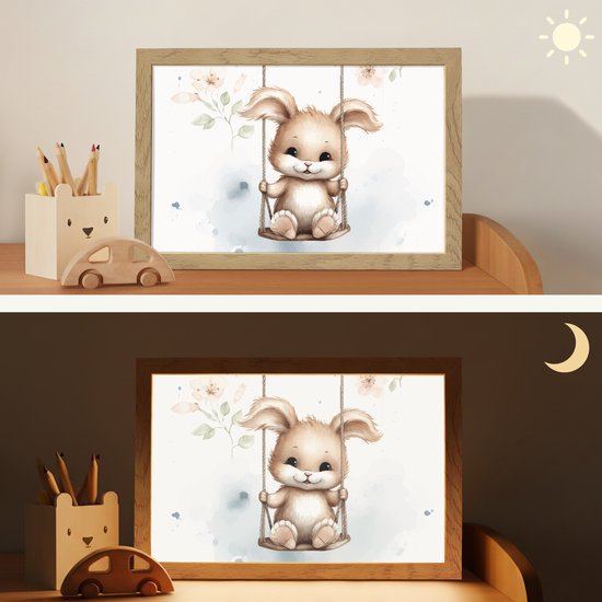 Nachtlampje 30x20 cm - Kinder lampje - Konijn - Baby dier - Kinderen - Tafellamp kinderkamer - Slaapkamer lamp - Bedlamp kinderen - Kinderlampje stopcontact - Wandlamp babykamer - Nachtlampjes van OnlyWow — afbeelding 4