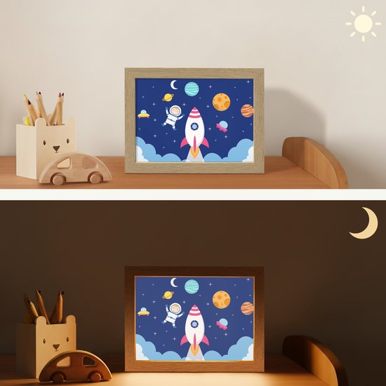 Nachtlampje 20x15 cm - Kinder lampje - Raket - Ruimte - Astronaut - Blauw - Jongens - Tafellamp kinderkamer - Slaapkamer lamp - Bedlamp kinderen - Kinderlampje stopcontact - Wandlamp babykamer - Nachtlampjes van Merkloos — afbeelding 4