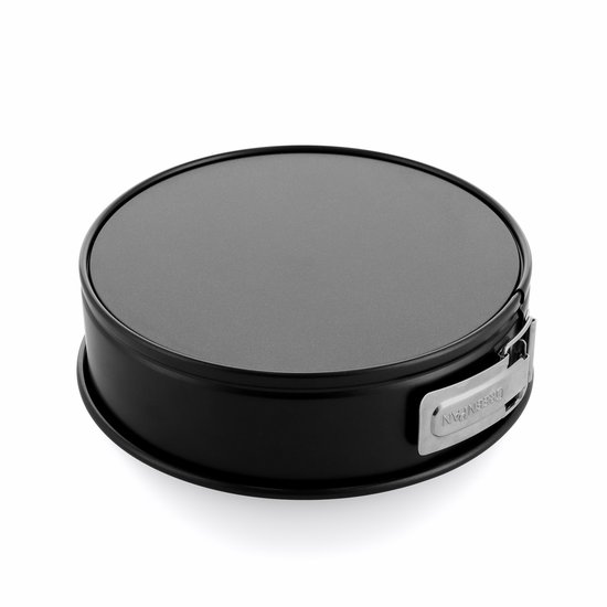 Zwarte ronde springvorm met zilverkleurige gesp en 'GREENPAN' logo.