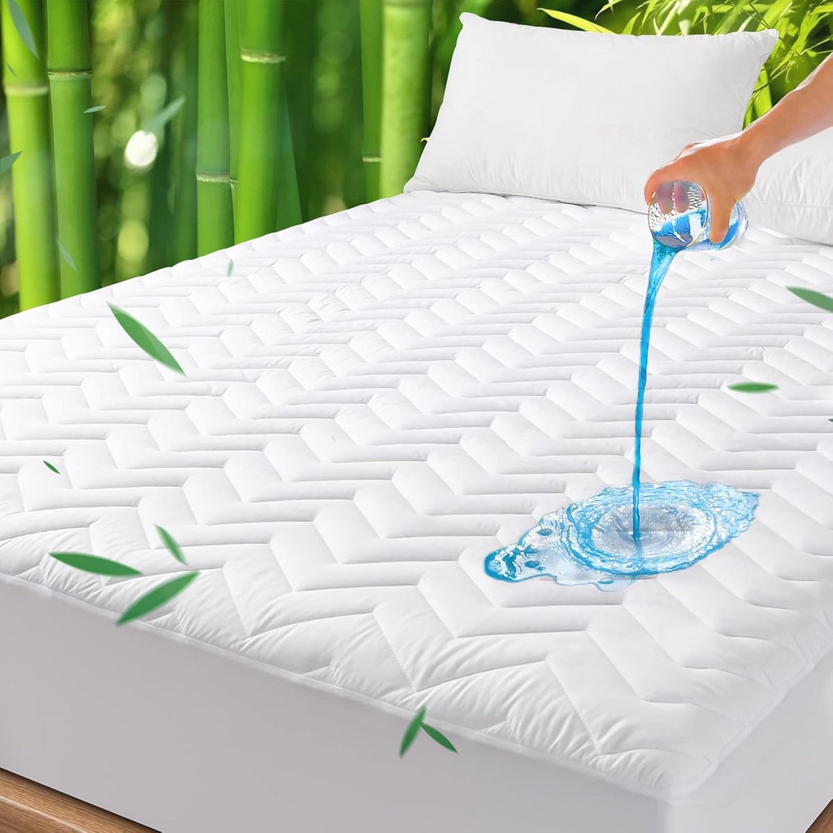 Bamboe waterdichte queensize matrasbeschermer – gewatteerd en ademend met 15-65 cm diepe hoeken