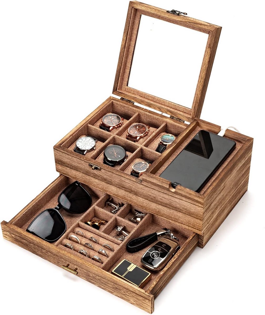 Horlogekist voor 6 Horloges - Houten Horlogehouder met Glasafdekking en Zachte Kussentjes