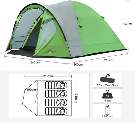 Tent 3-4 perosonen, waterdicht, 4000 mm, koepeltent met voortent, familietent, festivaltent voor camping, reizen, trekking, tuin — afbeelding 3