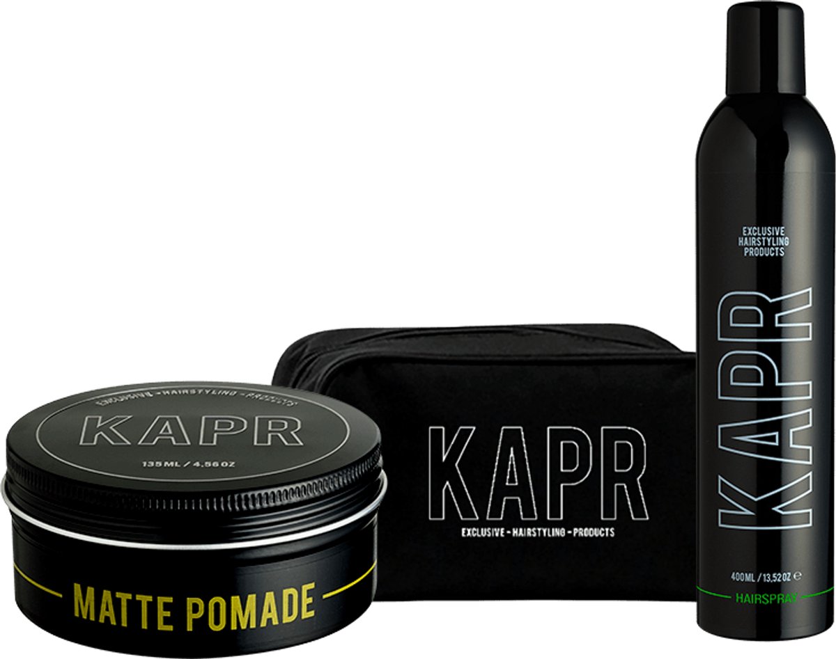 KAPR Matte Pomade 135ml + Hairspray 400ml – Gift Set met Gratis Toilettas