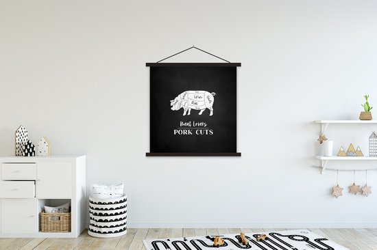 Porte-affiche avec affiche - Affiche scolaire - Cuisine - Cochon - Viande - 120x120 cm - Lattes noires