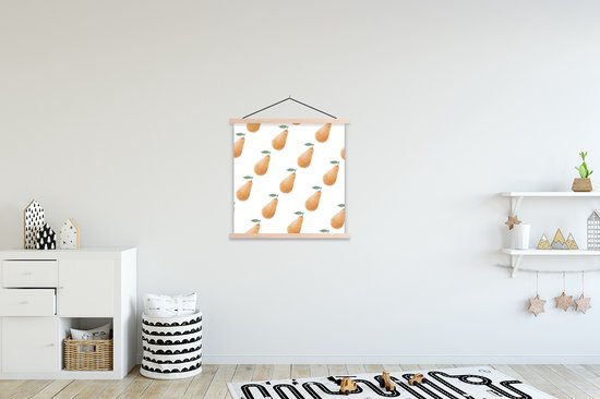 Posterhanger incl. Poster 90x90 cm - Schoolplaat - Peren - Aquarel - Wit - Textielposter - Blanke latten