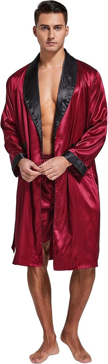 Heren satijnen badjas met korte broek, lichte zijden kimono, nachtkleding in Bordeaux met zwarte kraag