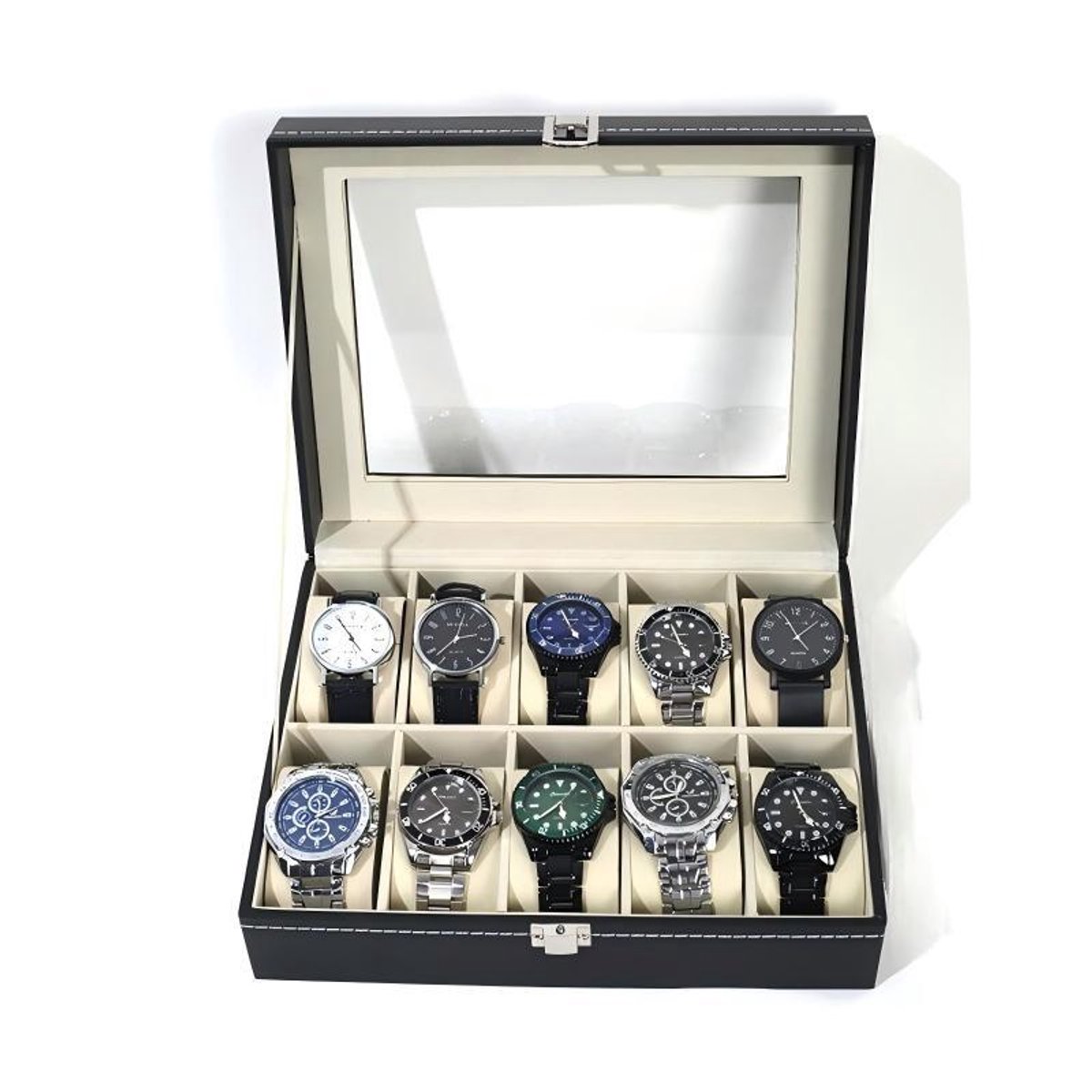 Horlogedoos voor heren - 10 horlogevakken - Gevoerd - Glazen deksel - Ontworpen voor horlogeliefhebbers - Zwart - 25,5*20*8 cm - Stijl 3