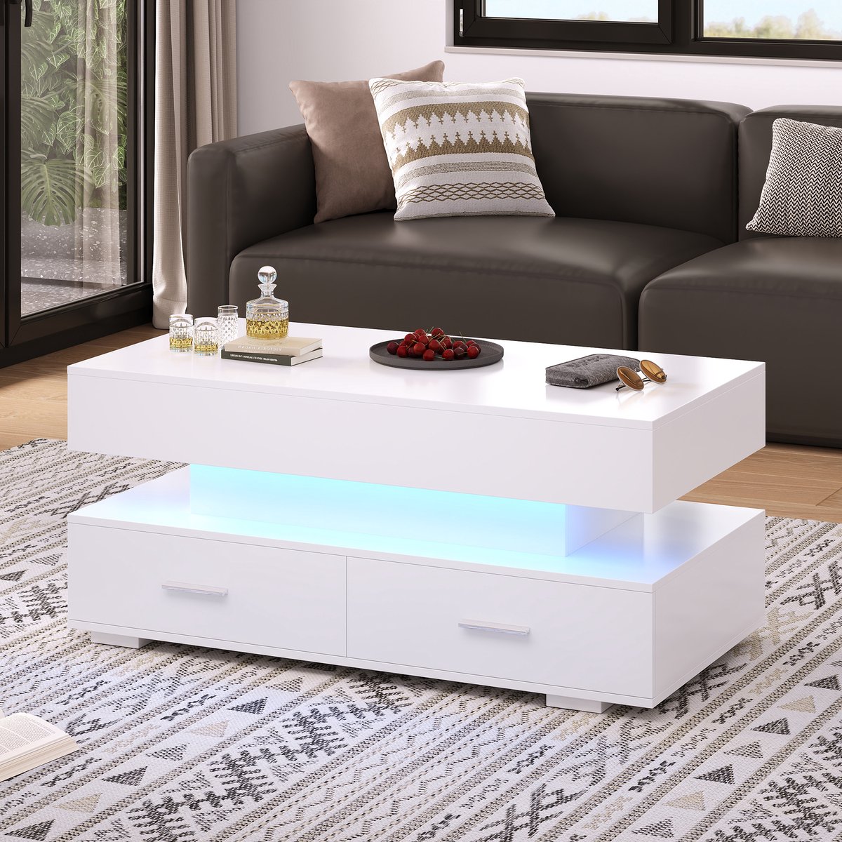 Merax 100x50x44 cm hydraulisch verstelbare salontafel met LED-verlichting - Bluetooth-app bediening - 2 laden en open opbergruimte - wit