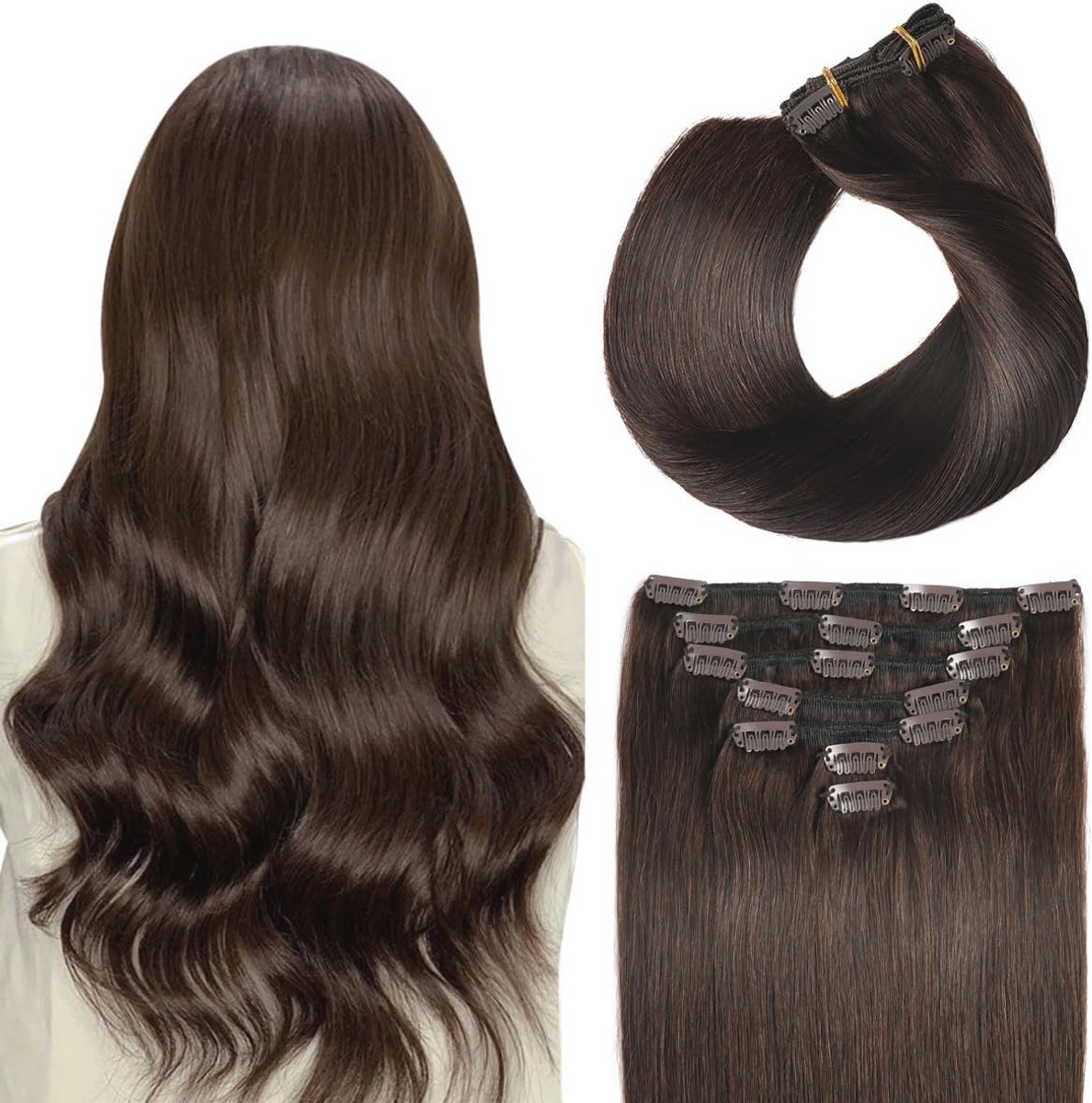 Clip-in Remy Hair Extensions Set van 7 - Donkerbruin - 35,5 cm - 70 g
