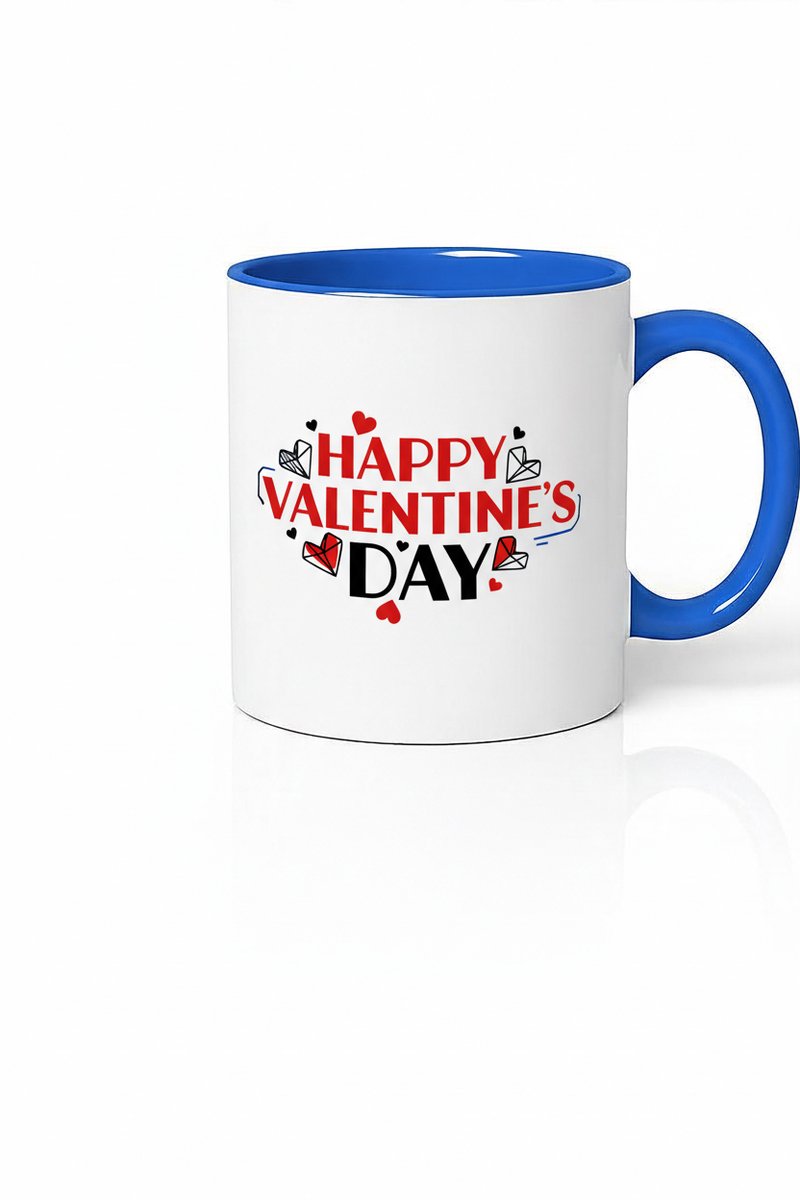 Happy Valentine's Day Mok met Blauwe Rand en Hartjes - Perfect Valentijnscadeau