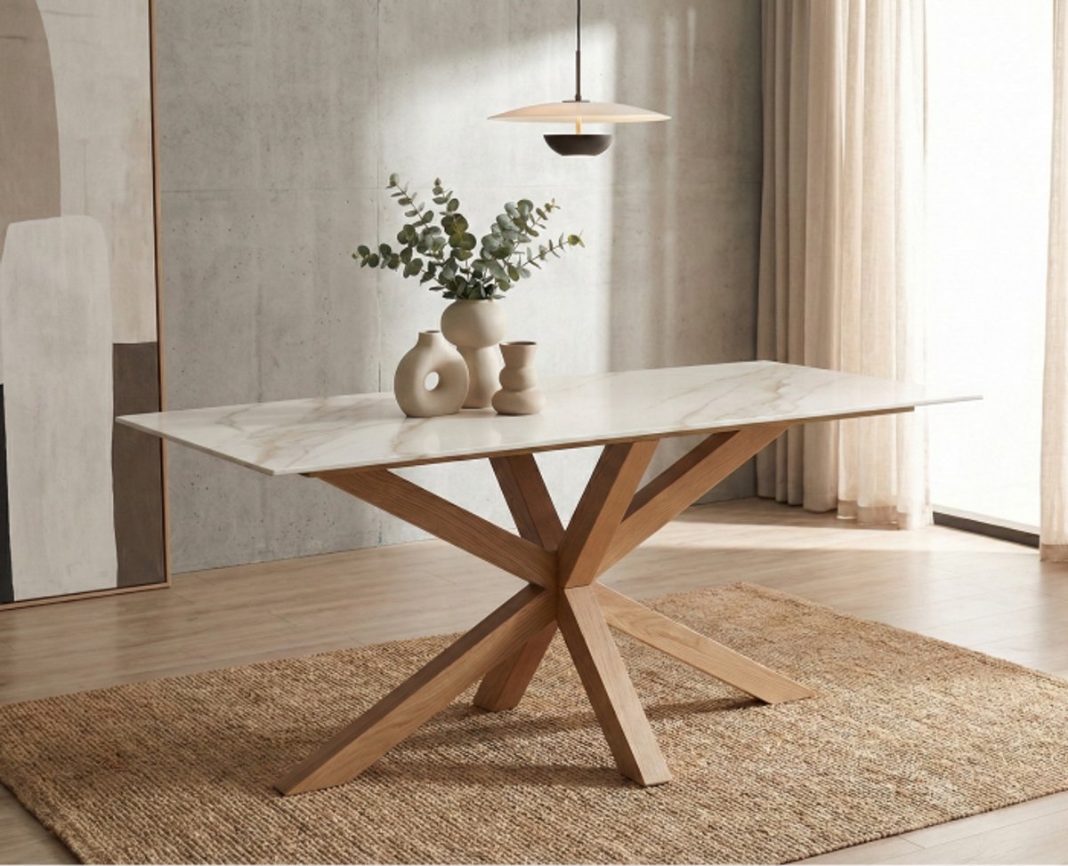 Eettafel Ravello rechthoekig keramiek 160x90x75 CM - Glossy wit - eiken spinpoot
