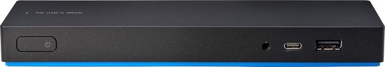 Zwarte HP USB-C Dock G4 met blauwe rand, aan/uit-knop, audio jack, usb-c poort, usb-a poort.