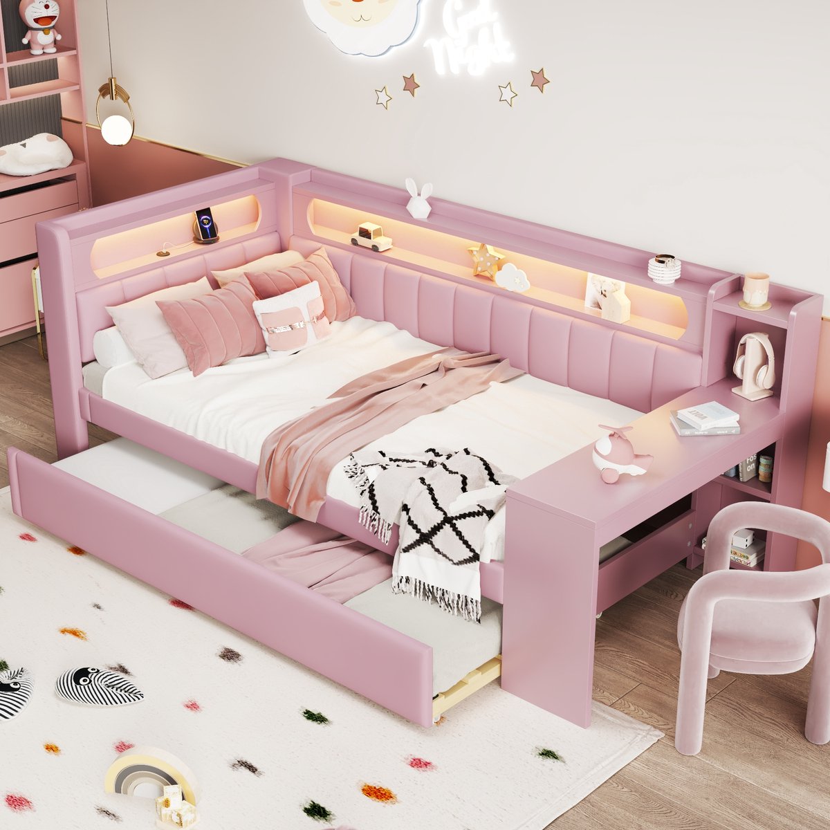 HAUSS SPOLE Gestoffeerd Bed 90x200cm - Met USB-Poort en 7-Kleurige LED - Met Uittrekbed 90x190cm - MDF/Multiplex/Gestoffeerd - Roze - Zonder matras