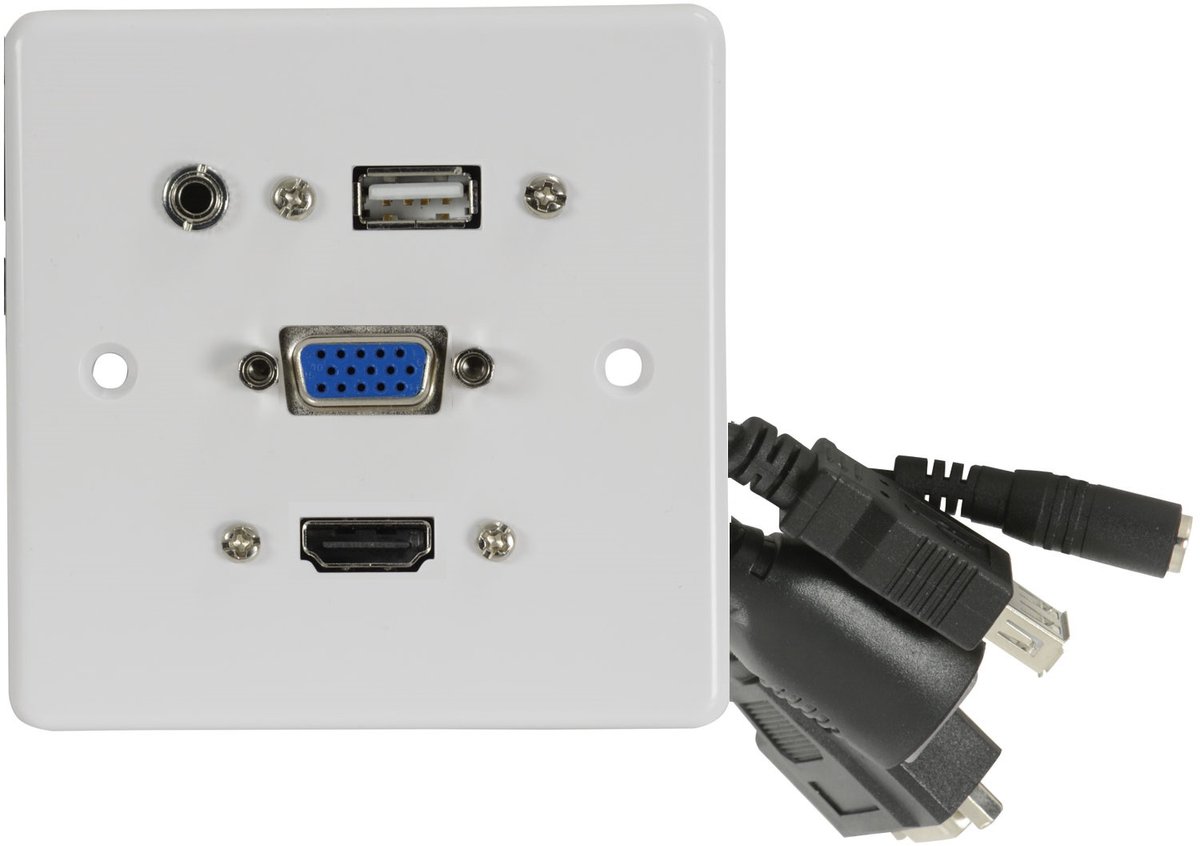 AV:Link Multimedia-wandplaat met 4K HDMI-, VGA-, USB- en 3,5 mm audio-aansluitingen