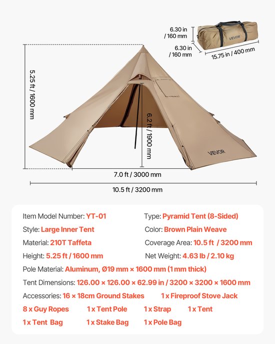 VEVOR Tipi Tent Kampeertent met Kachelaansluiting Tipi voor 2 Personen Hot Tent van Merkloos — afbeelding 4