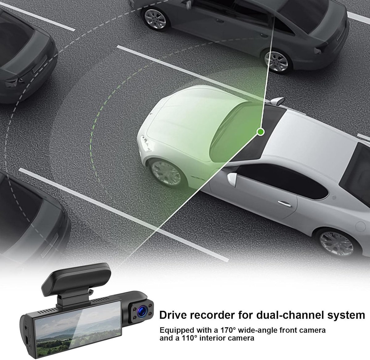 Autodashcam, dual-channel dashcam - met bewegingsdetectie, loopopname, 170° groothoeklens, geschikt voor de meeste voertuigen. – foto 3