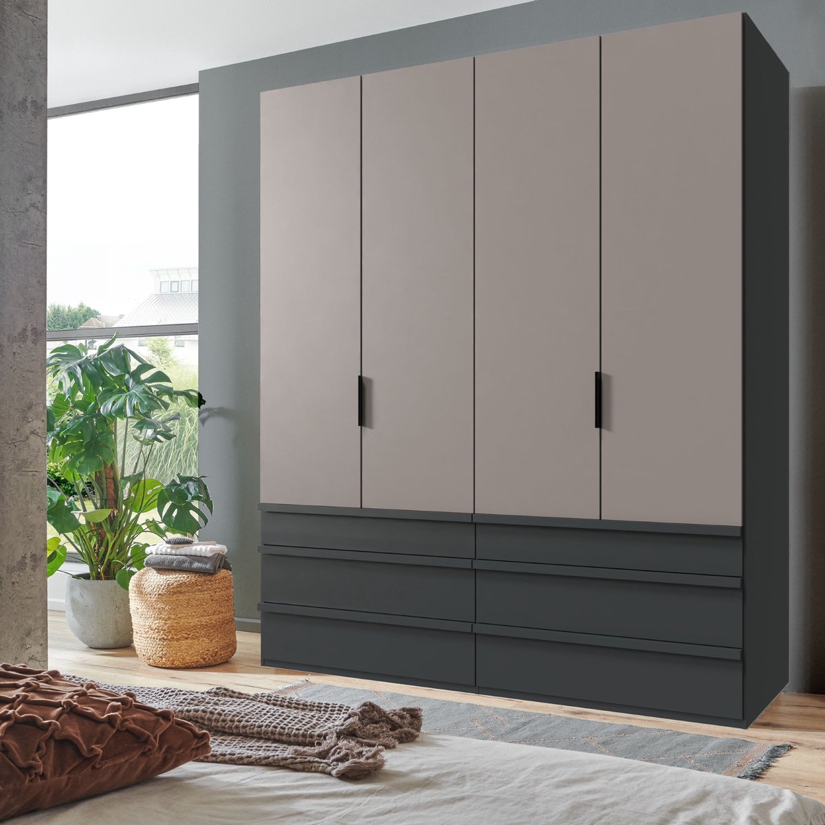 Kledingkast Rivas - 200x236x58 cm (BxHxD) - Taupe / Grafiet - Vouwdeuren - Lades