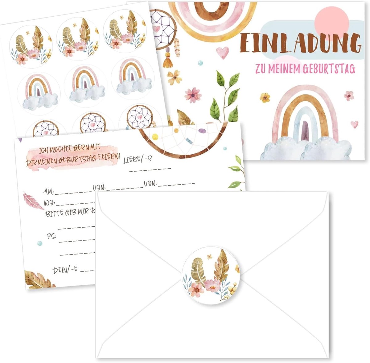 Verjaardagsuitnodigingen voor Kinderen - Boho Regenboog - Uitnodigingskaarten met Vormige Enveloppen en Stickers - Feestuitnodigingen voor Jongens en Meisjes - 12