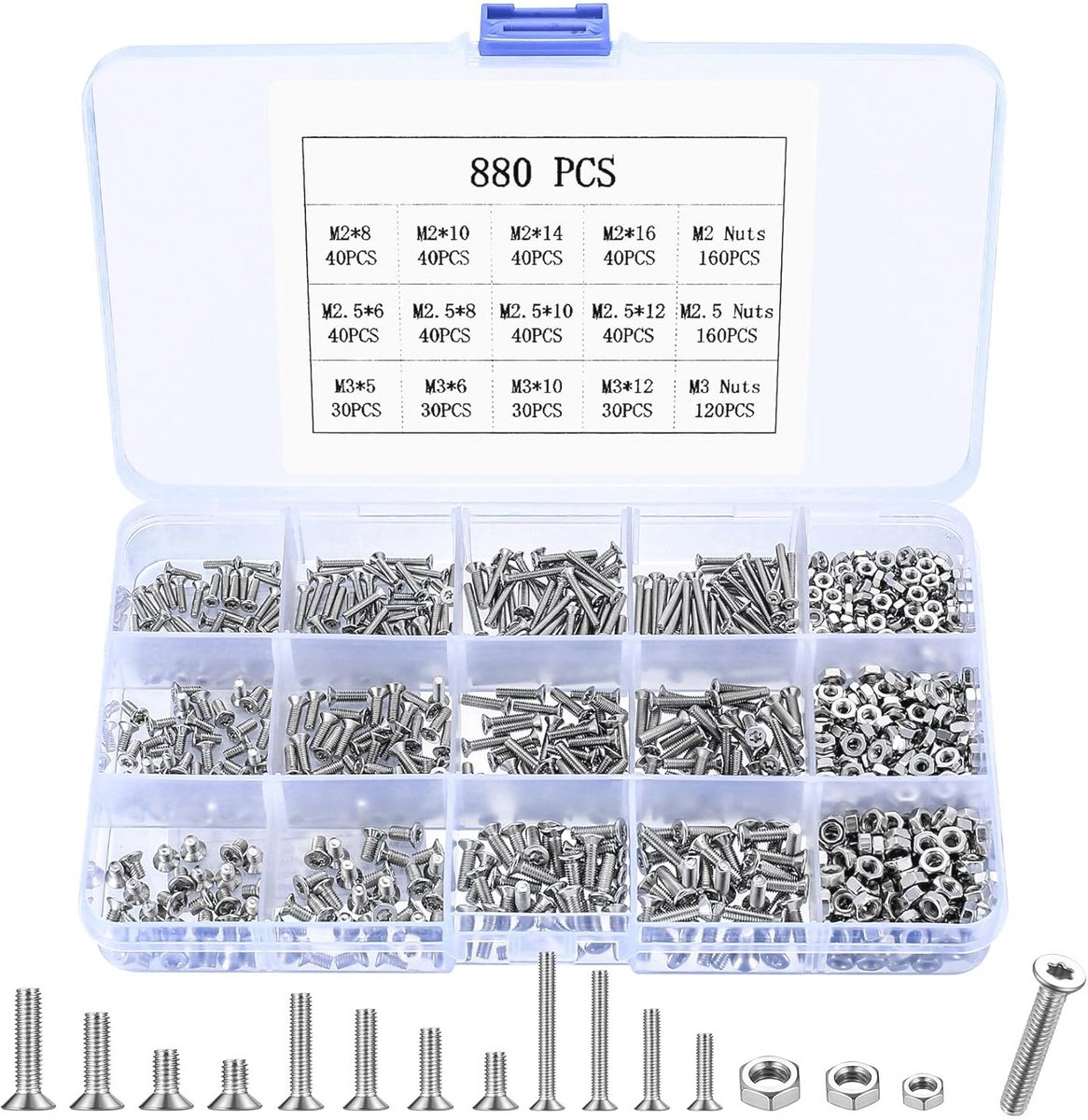 Allecto Premium - Schroeven en Moeren Assortiment 880-delig voor M2 M2.5 M3 Maten