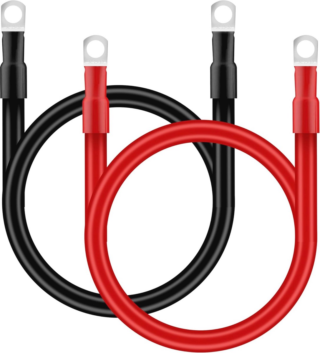 Batterijkabel 25 mm² - 50 cm - Auto Accukabel 12 V - 3 AWG - Koperen Kabel met M10 Ringklemmen - Voor Vrachtwagen, Motorfiets en Zonne-energie - 2 Stuks