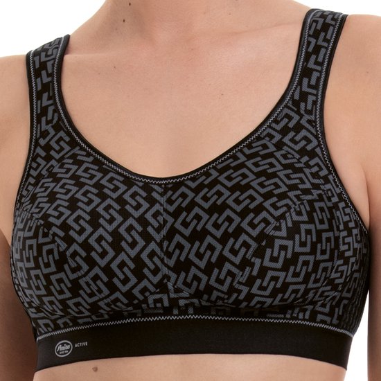 Zwarte sportbeha met grafische grijze print. Zwarte band met "Anita ACTIVE" logo.
