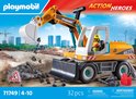 Gele Playmobil graafmachine, "MAXX" logo, met stenen, doos en waarschuwingsbord.