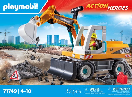 Gele Playmobil graafmachine, "MAXX" logo, met stenen, doos en waarschuwingsbord.