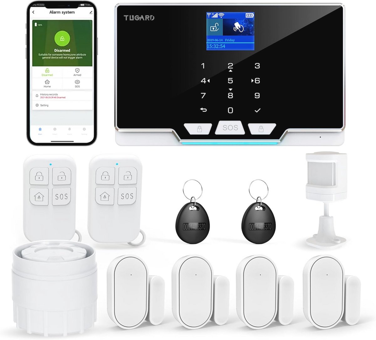 Alarmbeveiliging met APP en 1,8" TFT-kleurrijk scherm - Smart Home beveiligingssysteem met 12 stuks, sensoren en afstandsbedieningen