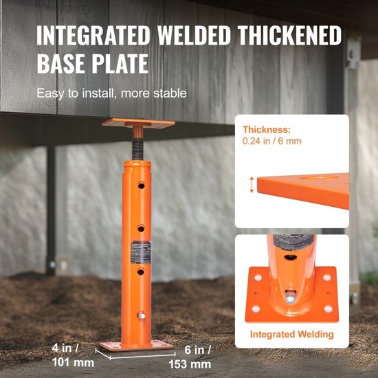 Oranje steunpilaar op grond bij een houten vlonder. Close-up van de dikke, gelaste basisplaat en schroefmechanisme.