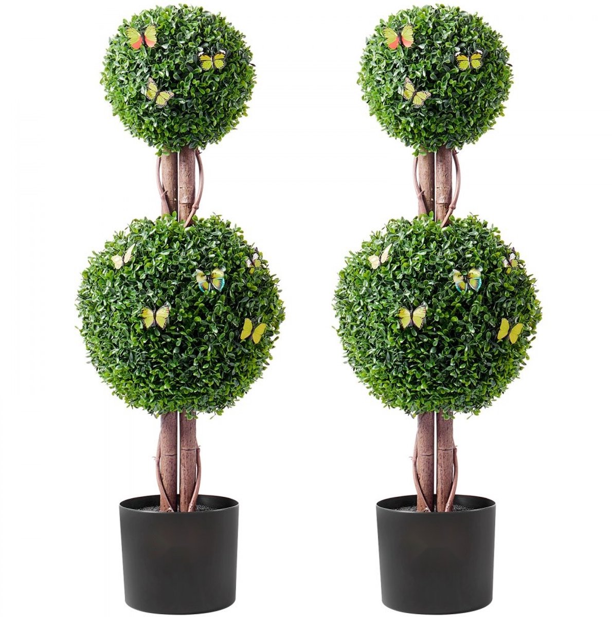 Kunstbuxus - Topiarybomen op stam - Set van 2 - 122 cm Hoog - Dubbele Bolvorm - UV-bestendig - Met Pot - Voor Binnen en Buiten - Groen