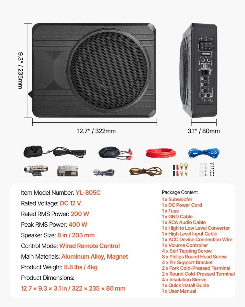 Auto subwoofer onder de stoel - Actieve subwoofer - 20 cm (203 mm) - 400 W - Ingebouwde versterker - Hoog- en laagniveau-ingang - Volumeregeling - Slank – foto 6
