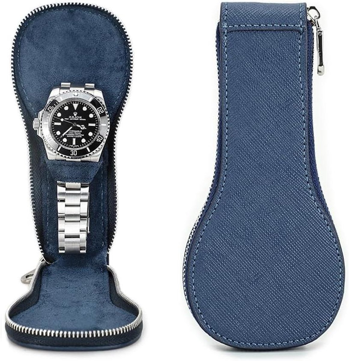 EGoods - Lederen horloge opbergdoos, draagbare rits organizer (blauw) met ruimte voor 1 horloge