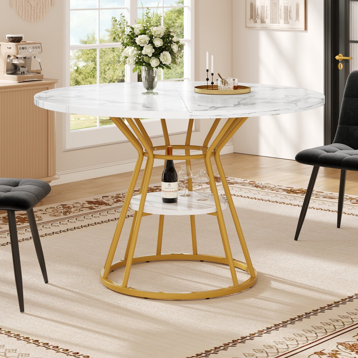 PHOEBE CAT Ronde Eettafel - Marmerlook - Metalen poten - Opbergplank - Wit + Goud