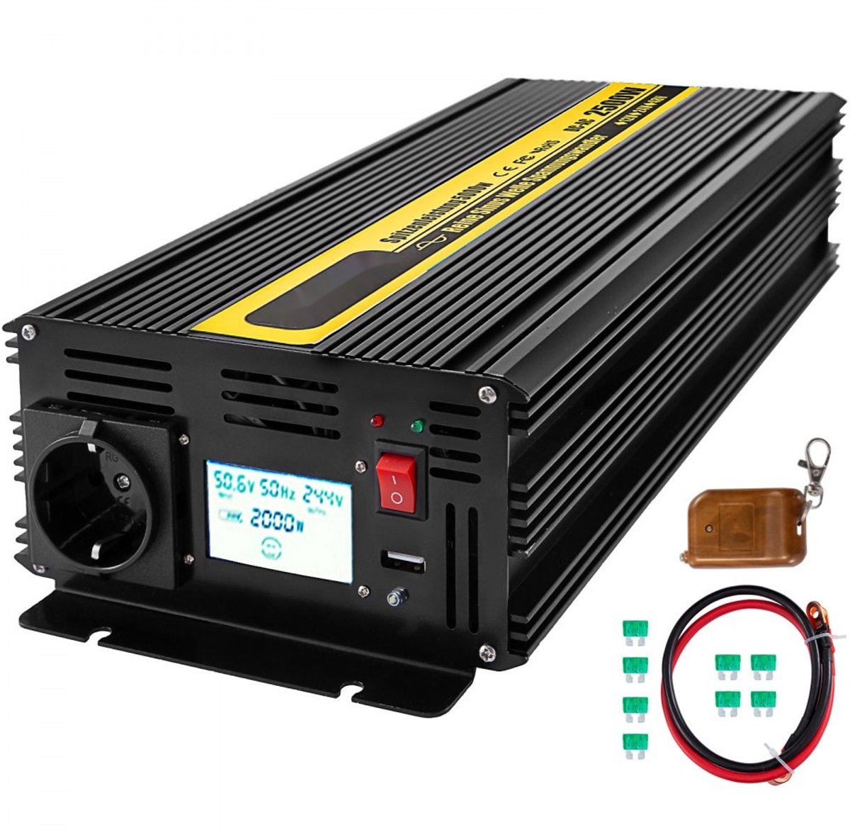 Zuivere Sinus Omvormer - Spanningsomvormer - 12V DC Naar 230V AC - 2500W Continu - 5000W Piek - LCD Display - Afstandsbediening - Meervoudige Beveiliging