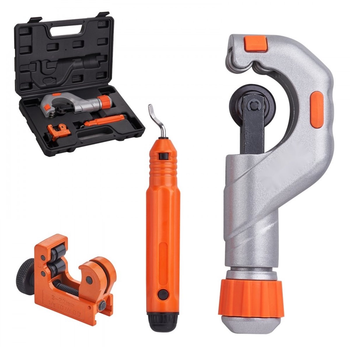 Pijpsnijderset - 3-delig - Bereik 0,48–5,08 cm OD - Mini Pijpsnijder 0,32–2,22 cm OD - Met Ontbraamgereedschap - Voor Koper, Aluminium, RVS & Kunststof - Zware Uitvoering