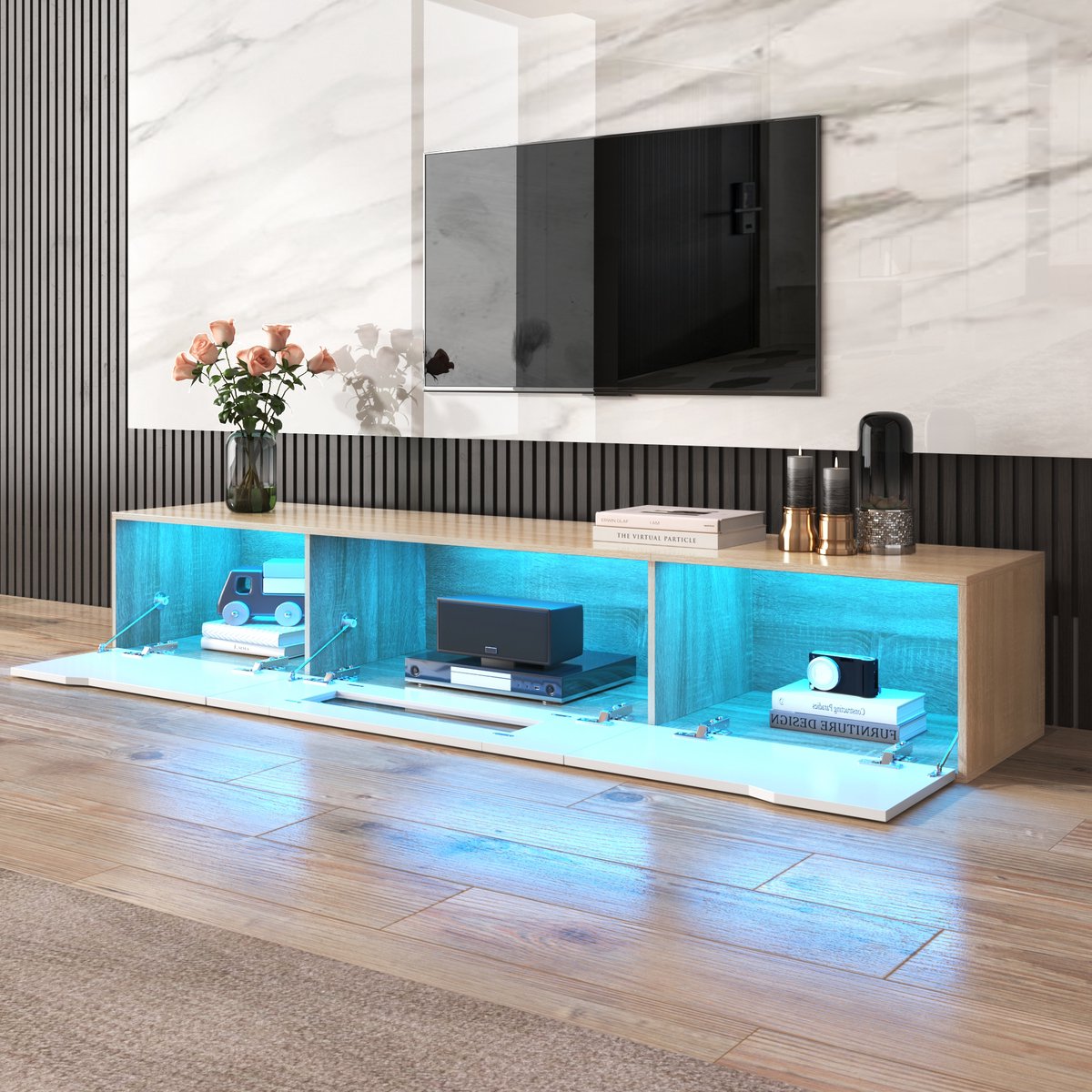 STILVORA TV-kasten 180x30x35 cm - TV meubel Met Kleurveranderende LED - Hoogglans Zwart Front - Stijlvol En Praktisch - Rechthoekig - Televisie - Spaanplaat - Wit Naturel