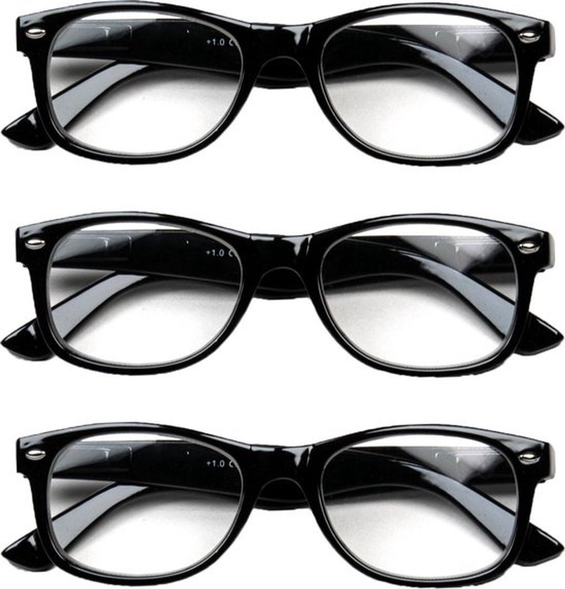Melleson Eyewear Leesbril Wayfarer - Glans Zwart - +2.00 - 3 Stuks - Inclusief 3 Hoesjes