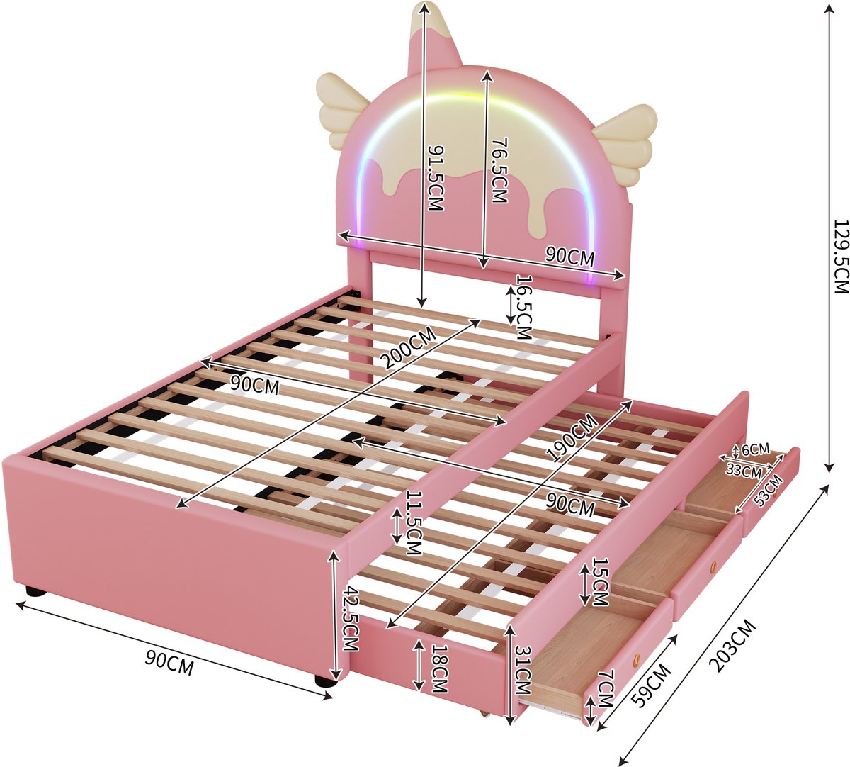 STILVORA Peuterbed 90x200 - Kinderbed Eenpersoonsbed met Uitrolbed en Opbergruimte, Leuk Eenhoorn Hoofdbord - PU - Roze — cadeau in Cadeau-ideeën - foto 3