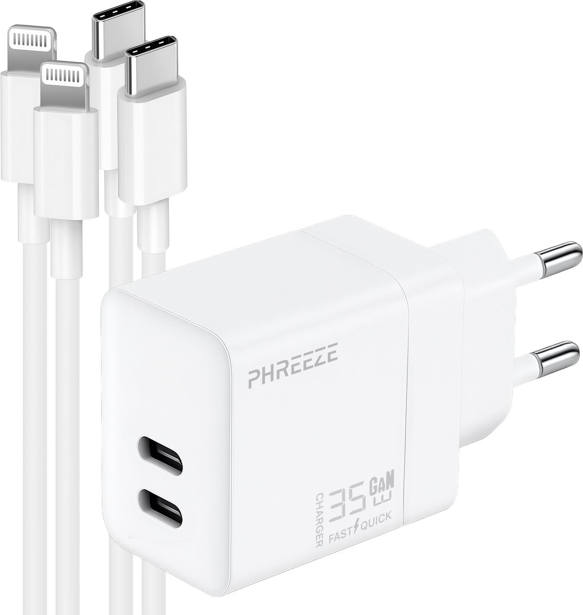 Phreeze 35w usb C power adapter met 2 usb C naar Lightning kabels - Snellader geschikt voor iPhone 14 13 12 11 X XR XS Max Pro Mini Plus en iPad