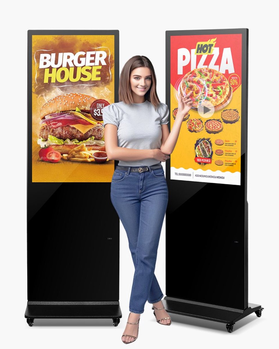 Digitale klantenstopper - Staand reclamedisplay - Scherm 109 cm - Resolutie 2K - Touchscreen - WiFi - HDMI/USB - Opslag 32 GB en 2 GB RAM