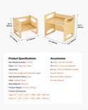 Afmetingen en specificaties van een naturel houten kinderstoel en tafel. Stoel: 26.5x28x10.4cm. Tafel: 36.2x30x15cm.
